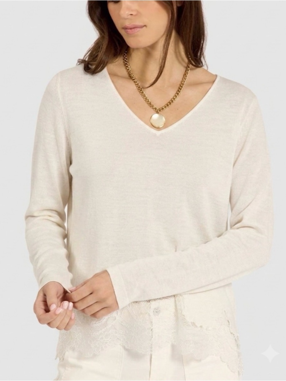 NWT Lauren Vidal Eden Wool Blend Lightweight Delicate Lace Trim V-neck Sweater M